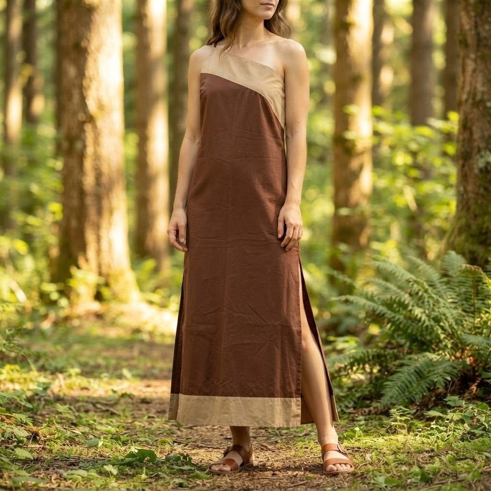 Maggie Walt One Shoulder Maxi Dress Womens Small Brown Cotton Boho Earthy Forest